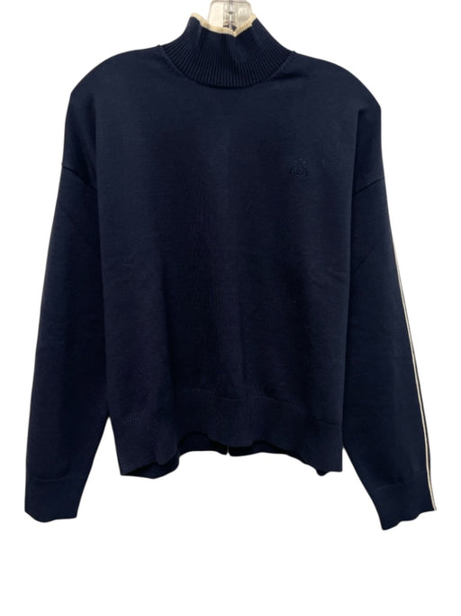 Alala Size S Navy & Cream Rayon Blend Knit Ribbed Mock Neck Piping Logo Sweater Navy & Cream / S