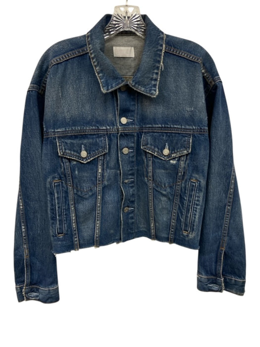 Boyish Size M Medium Wash Cotton Blend Denim Distressed Raw Hem Jacket Medium Wash / M