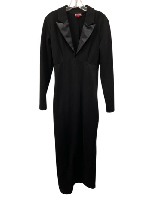 Staud Size M Black Rayon Blend Satin Trim Lapel Back Slit Maxi Dress Black / M