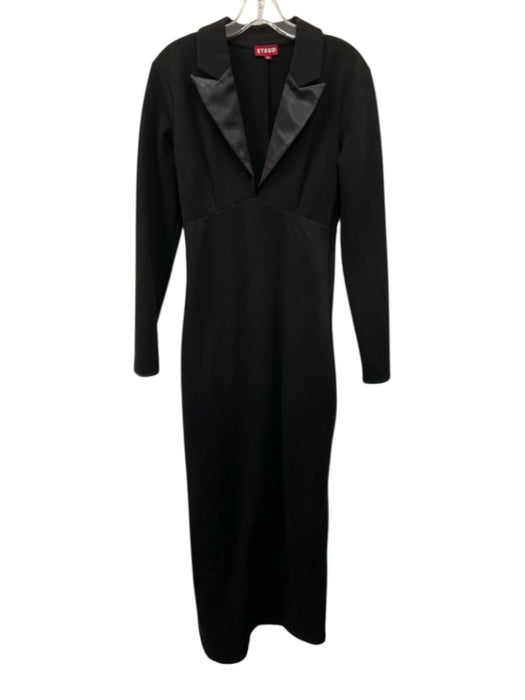 Staud Size M Black Rayon Blend Satin Trim Lapel Back Slit Maxi Dress Black / M