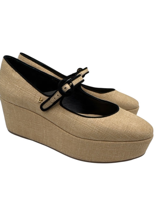 Larroude Shoe Size 9 Beige & Black fabric upper Leather Lining Mary Jane Flats Beige & Black / 9