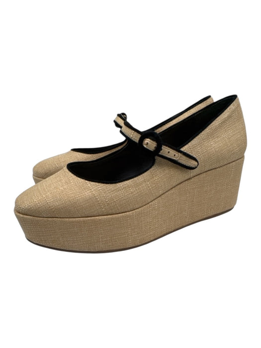Larroude Shoe Size 9 Beige & Black fabric upper Leather Lining Mary Jane Flats Beige & Black / 9
