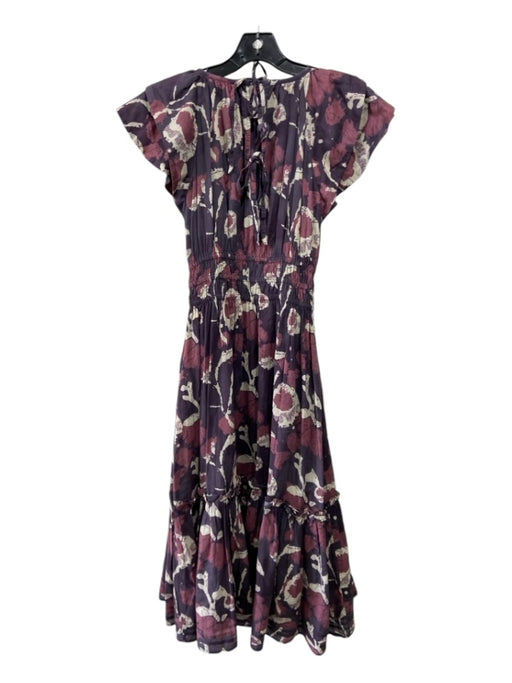 Cleobella Size XS Purple Print Cotton Cap Sleeve Elastic Waist Midi Floral Dress Purple Print / XS