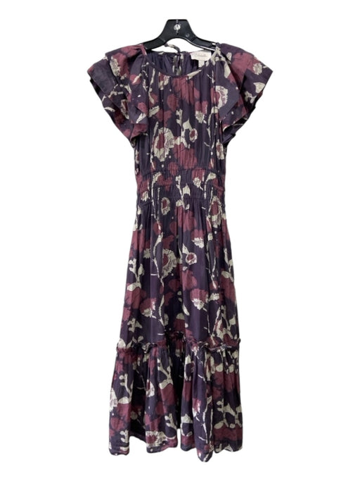 Cleobella Size XS Purple Print Cotton Cap Sleeve Elastic Waist Midi Floral Dress Purple Print / XS