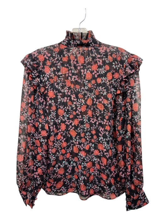 Misa Size XS Black & Red Print Polyester Floral Metallic Thread Button Up Top Black & Red Print / XS