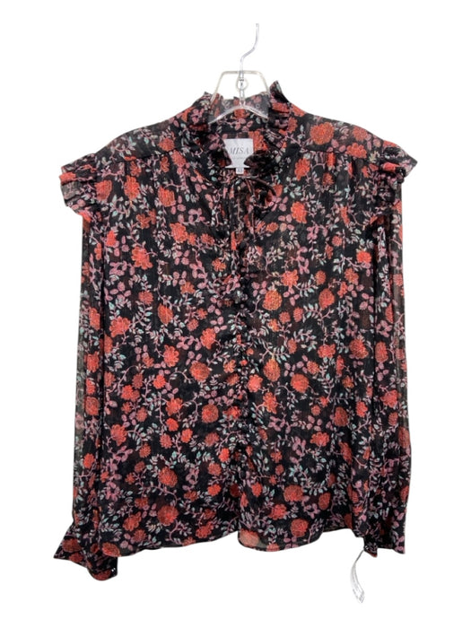 Misa Size XS Black & Red Print Polyester Floral Metallic Thread Button Up Top Black & Red Print / XS