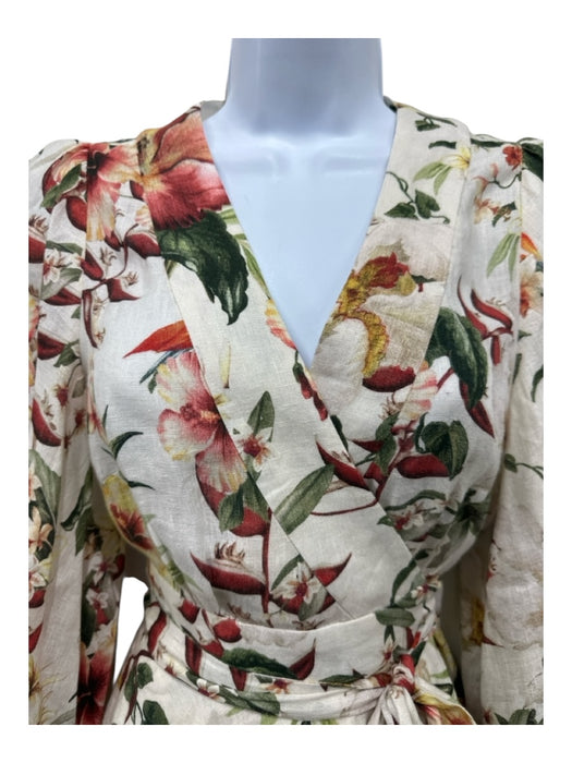 Zimmermann Size S / 1 Cream, Red, Green Linen Floral Wrap Knee length Dress Cream, Red, Green / S / 1