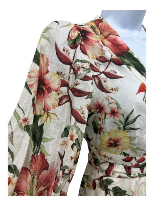 Zimmermann Size S / 1 Cream, Red, Green Linen Floral Wrap Knee length Dress Cream, Red, Green / S / 1