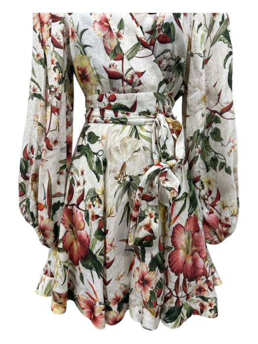 Zimmermann Size S / 1 Cream, Red, Green Linen Floral Wrap Knee length Dress Cream, Red, Green / S / 1