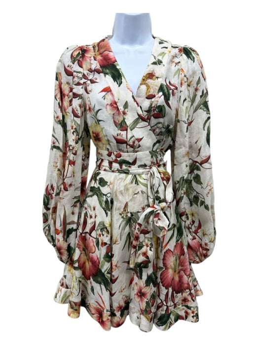 Zimmermann Size S / 1 Cream, Red, Green Linen Floral Wrap Knee length Dress Cream, Red, Green / S / 1