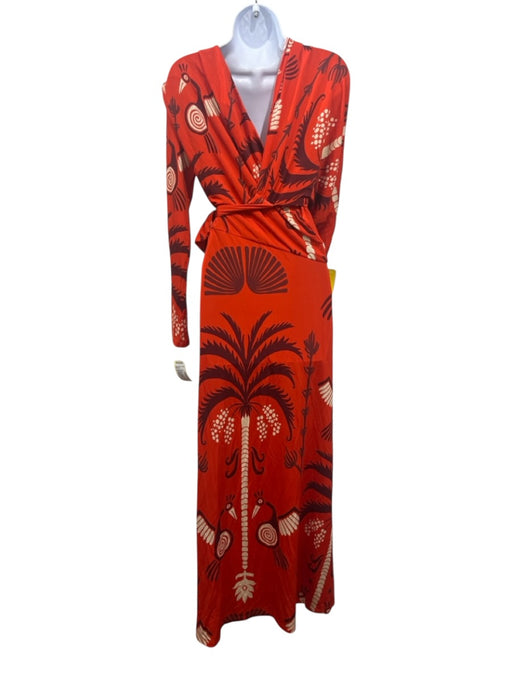 Johanna Ortiz Size 8 burgundy, orange, white Viscose Blend Long Sleeve Dress burgundy, orange, white / 8