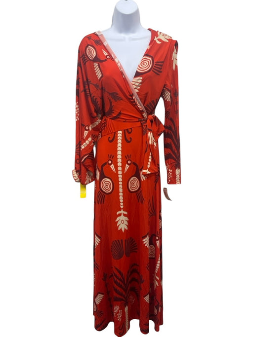 Johanna Ortiz Size 8 burgundy, orange, white Viscose Blend Long Sleeve Dress burgundy, orange, white / 8