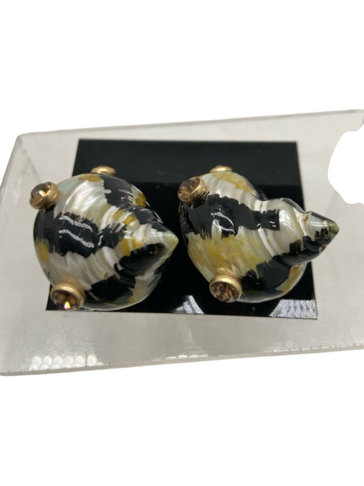 Tory Burch Black, White, Gold Enamel Shell Faux Stones Clip On Earrings Black, White, Gold