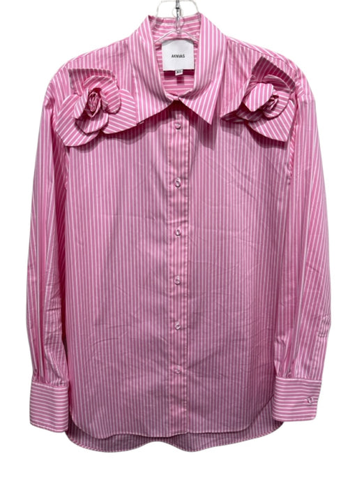 AKNVAS Size XS Pink & White Cotton Long Sleeve Rosette Stripe Blouse Top Pink & White / XS