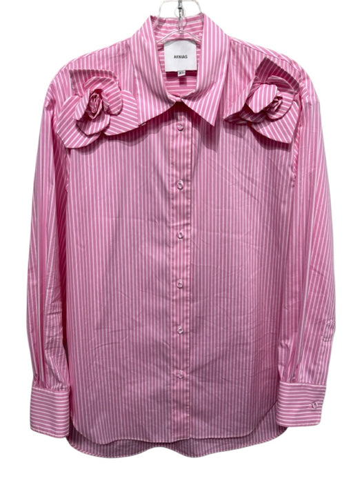 AKNVAS Size XS Pink & White Cotton Long Sleeve Rosette Stripe Blouse Top Pink & White / XS
