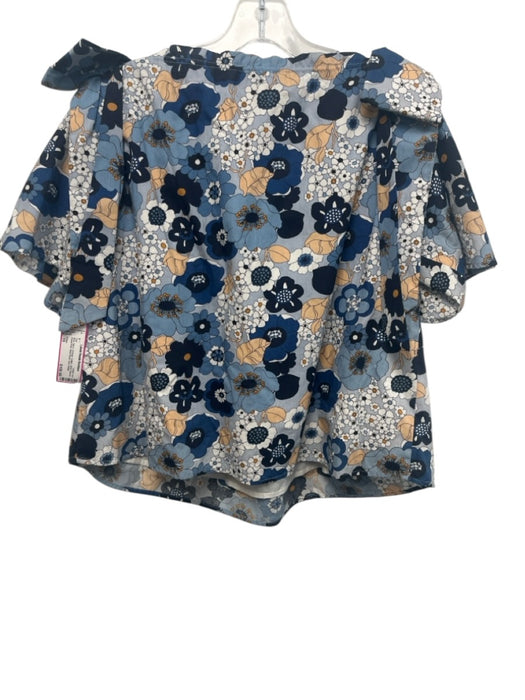 Chloe Size 10 Blue, Navy, Orange Cotton Short Sleeve Floral Print Wide Neck Top Blue, Navy, Orange / 10