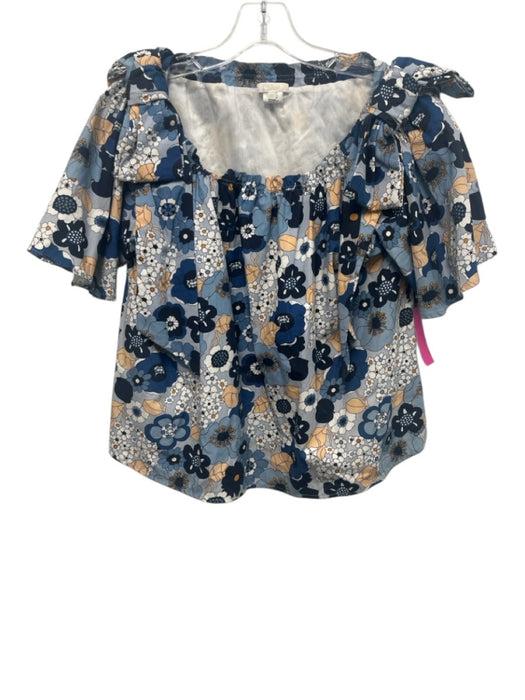 Chloe Size 10 Blue, Navy, Orange Cotton Short Sleeve Floral Print Wide Neck Top Blue, Navy, Orange / 10