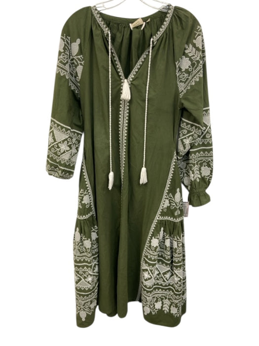 Julia Amory Size XS Green & White Cotton Embroidered Tassel Tie Detail Dress Green & White / XS