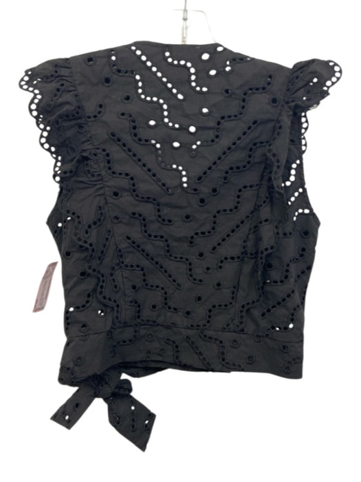 Suncoo Size M Black Organic Cotton Eyelet Lace Wrap Ruffle Cap Sleeve Top Black / M