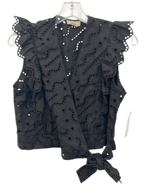 Suncoo Size M Black Organic Cotton Eyelet Lace Wrap Ruffle Cap Sleeve Top Black / M