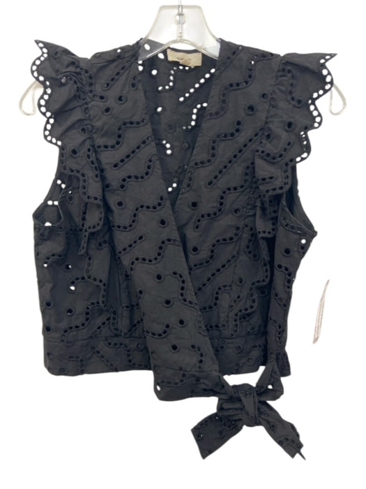 Suncoo Size M Black Organic Cotton Eyelet Lace Wrap Ruffle Cap Sleeve Top Black / M