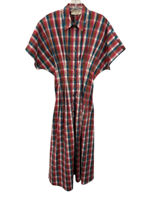 Exquise Size XS Brown, Blue & Pink Cotton Blend Plaid Short Dolman Sleeve Dress Brown, Blue & Pink / XS