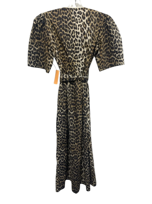 Ganni Size 32 Brown & Beige Cotton Leopard Short Sleeve Tie Detail Dress Brown & Beige / 32