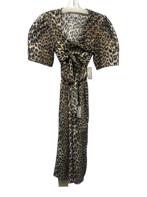 Ganni Size 32 Brown & Beige Cotton Leopard Short Sleeve Tie Detail Dress Brown & Beige / 32