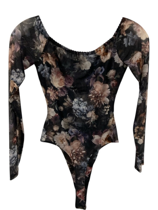L'agence Size S Black & Pink Nylon Blend Mesh Floral Boat Neck Bodysuit Black & Pink / S