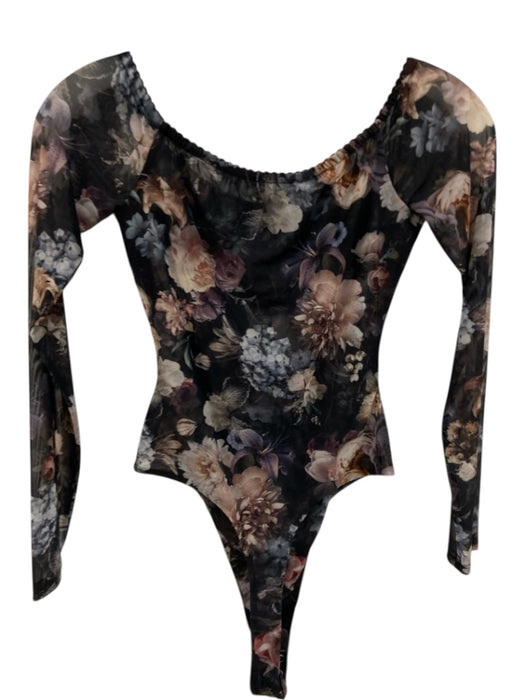 L'agence Size S Black & Pink Nylon Blend Mesh Floral Boat Neck Bodysuit Black & Pink / S