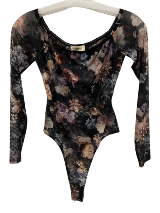 L'agence Size S Black & Pink Nylon Blend Mesh Floral Boat Neck Bodysuit Black & Pink / S