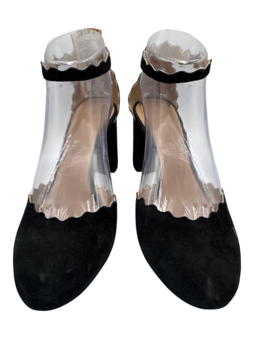 Chloe Shoe Size 38.5 Black Leather Upper Suede Scalloped Edge Ankle Buckle Pumps Black / 38.5
