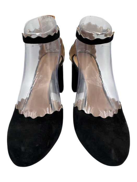 Chloe Shoe Size 38.5 Black Leather Upper Suede Scalloped Edge Ankle Buckle Pumps Black / 38.5
