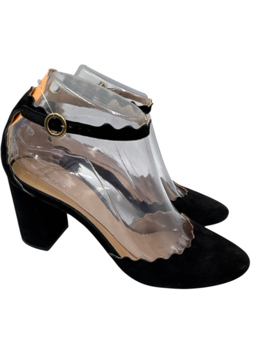 Chloe Shoe Size 38.5 Black Leather Upper Suede Scalloped Edge Ankle Buckle Pumps Black / 38.5