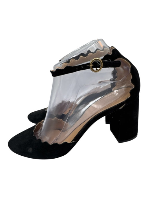 Chloe Shoe Size 38.5 Black Leather Upper Suede Scalloped Edge Ankle Buckle Pumps Black / 38.5
