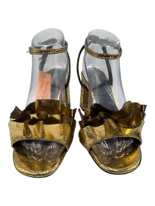Larroude Shoe Size 8.5 Gold Tone Leather Upper Metallic Ruffle Sandals Gold Tone / 8.5