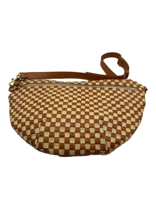 Clare V Cream White & Brown Leather Checkered Woven Zip Close Belt Bag Bag Cream White & Brown
