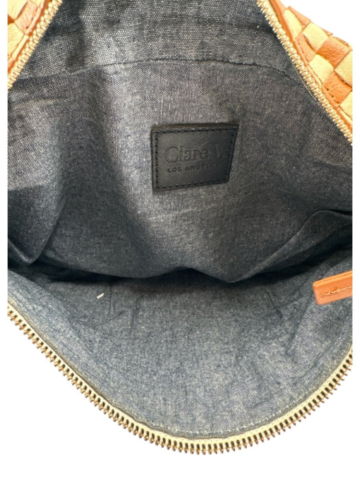 Clare V Cream White & Brown Leather Checkered Woven Zip Close Belt Bag Bag Cream White & Brown