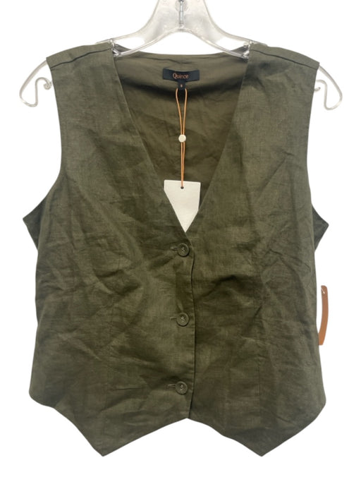 Quince Size S Olive Green Linen Button Front V Neck Sleeveless Vest Top Olive Green / S