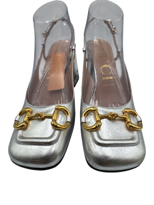 Gucci Shoe Size 38.5 Silver Leather Upper Metallic Horsebit Slingbacks Silver / 38.5