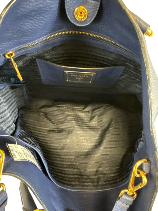 Prada Navy Blue Leather Top Handle Triangle Logo Crossbody Strap Tote Bag Navy Blue / XL