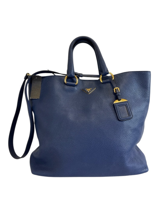 Prada Navy Blue Leather Top Handle Triangle Logo Crossbody Strap Tote Bag Navy Blue / XL