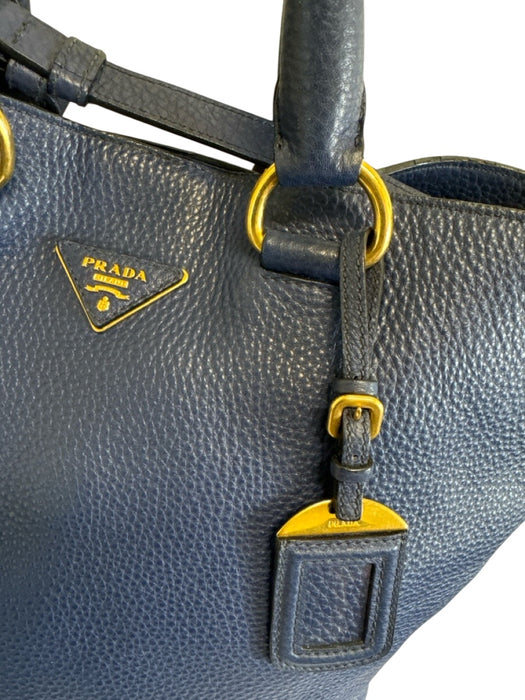 Prada Navy Blue Leather Top Handle Triangle Logo Crossbody Strap Tote Bag Navy Blue / XL