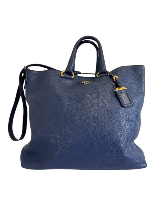 Prada Navy Blue Leather Top Handle Triangle Logo Crossbody Strap Tote Bag Navy Blue / XL