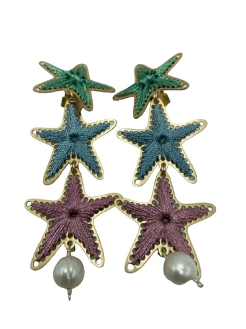Mercedes Salazar Green, Blue & Pink Metal Thread Starfish Dangle Earrings Green, Blue & Pink