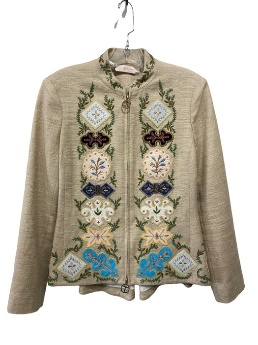 Tory Burch Size 2 Beige & Multi Silk Embroidered Floral Front Zip Jacket Beige & Multi / 2