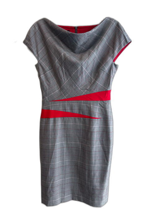 Escada Size 34 Grey & Red Wool Blend Sleeveless Cowl Neck Back Zip plaid Dress Grey & Red / 34