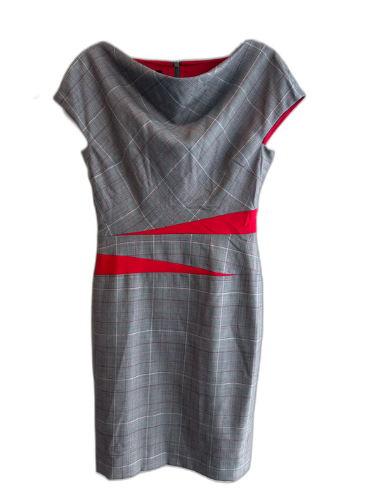 Escada Size 34 Grey & Red Wool Blend Sleeveless Cowl Neck Back Zip plaid Dress Grey & Red / 34