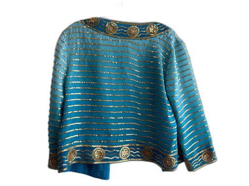 Trina Turk Size 4 Turquoise & Gold Silk Long Sleeve Sequin Detail Sheer Cardigan Turquoise & Gold / 4