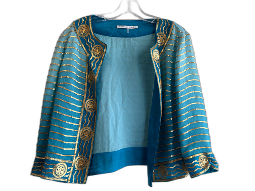 Trina Turk Size 4 Turquoise & Gold Silk Long Sleeve Sequin Detail Sheer Cardigan Turquoise & Gold / 4